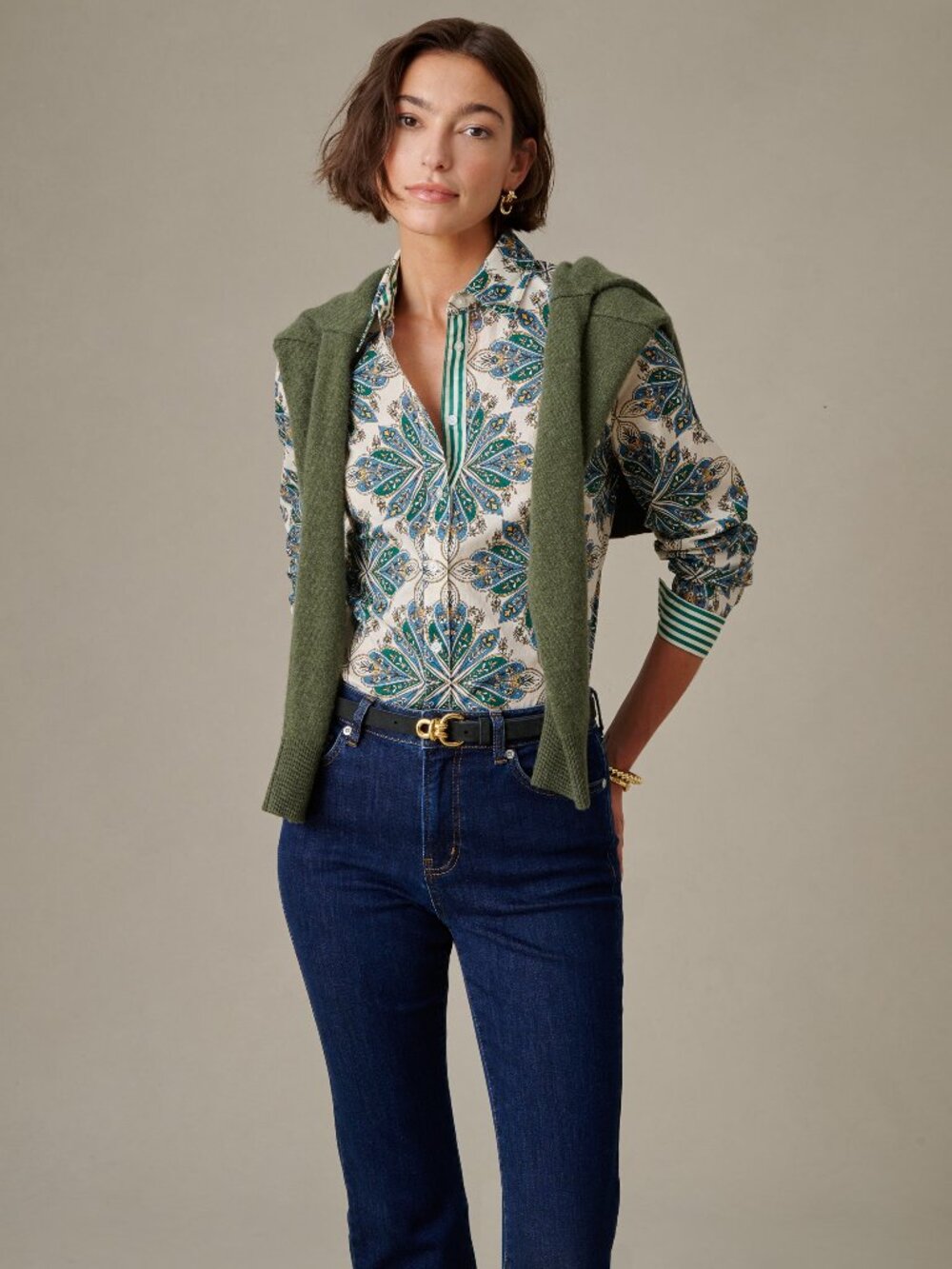 J McLaughlin Lois Shirt in Neo Radiant Stripe - Off White/Green NEW